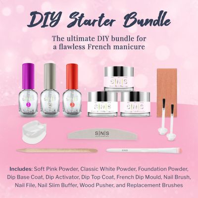 SNS Nail Dip Powder &amp; Dip Essentials Nail Color Kit, DIY Starter Bundle (Pink &amp; White) - Foundation Powder, Dip Activator &amp; Top Coat, Brushes, Cuticle Pusher, Nail File, Buffer, &amp; French Dip Mold