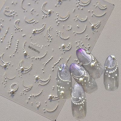 White French Tips Pearls Nail Art Stickers 5D Embossed Romantic Nail Stickers Line Nail Decals Design Nail Accessories for Women Valentines Day Nail Art Decoration