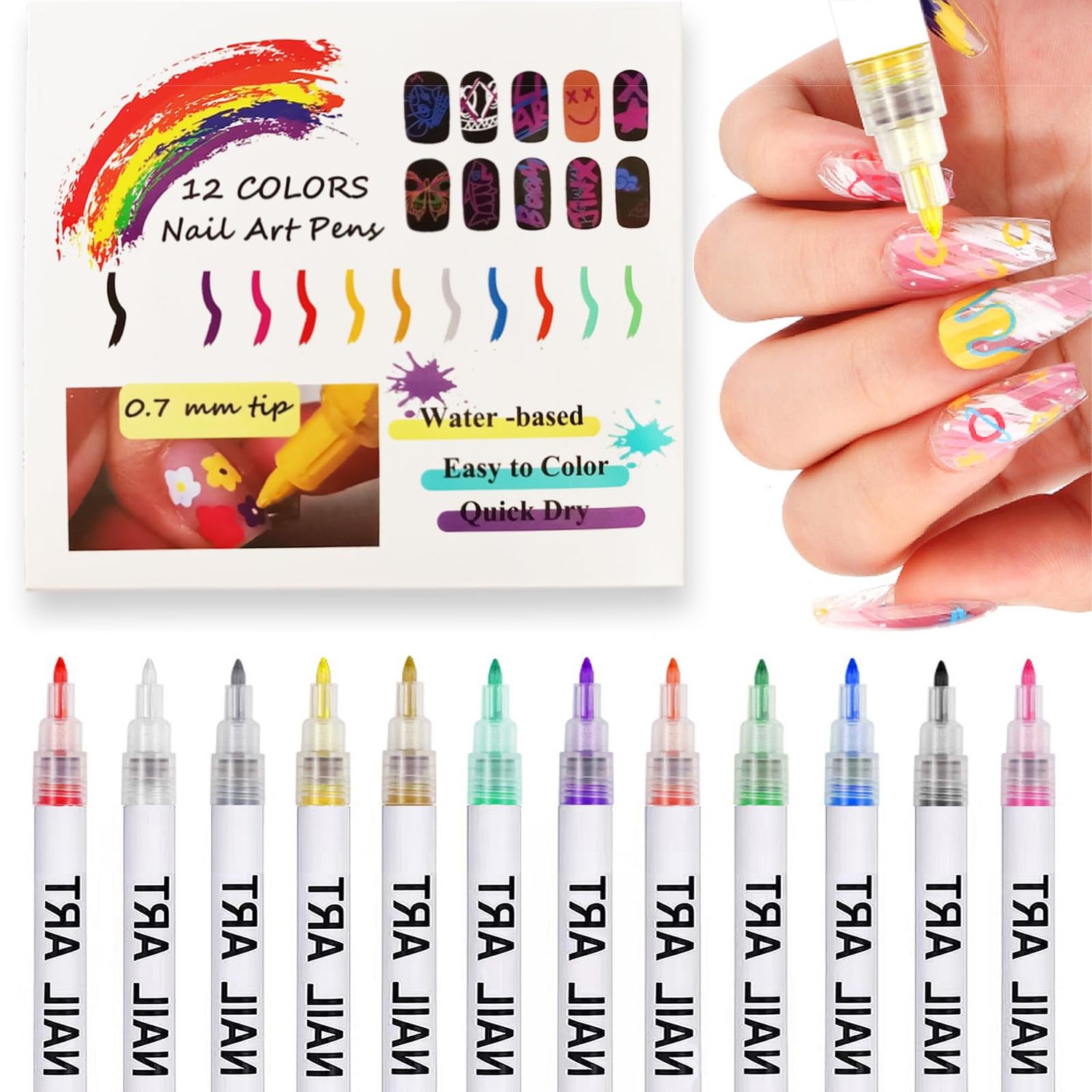 12 Colors Nail Art Pens Set - Quick-Drying Water-based 3D Nail Markers for Acrylic Nail Painting Dotting Liner Designs - Perfect for Home &amp; Salon Nail DIY