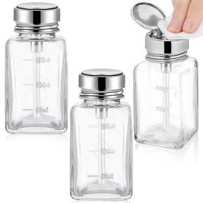 Chris.W 3Pcs Glass Nail Polish Remover Pump, Acetone Pump Dispenser, Alcohol Dispenser Push Down Empty Pump Dispenser Bottle for Nail Polish, Makeup Remover, Toner and Micellar Water, 180ml(6oz)