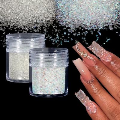 Laza 2 Colors Caviar Beads Nails Micro Pixie Beads 0.6-0.8mm Glass Bubble Beads Iridescent Water Droplets Bubble Beads Crystals Nail Beads for 3D Nail Art Decorations Nail Designs