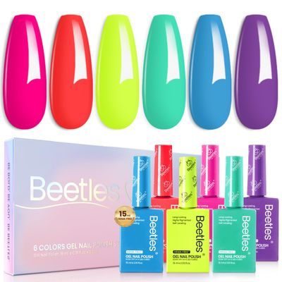 Beetles Hema Free Gel Nail Polish Set 6 Colors Neon Hot Pink Orange Yellow Blue Purple Green Gel Polish Kit Soak Off Uv LED Nail Lamp 15ml Full Size DIY Home Manicure Salon Gift for Women Neon Bubbles
