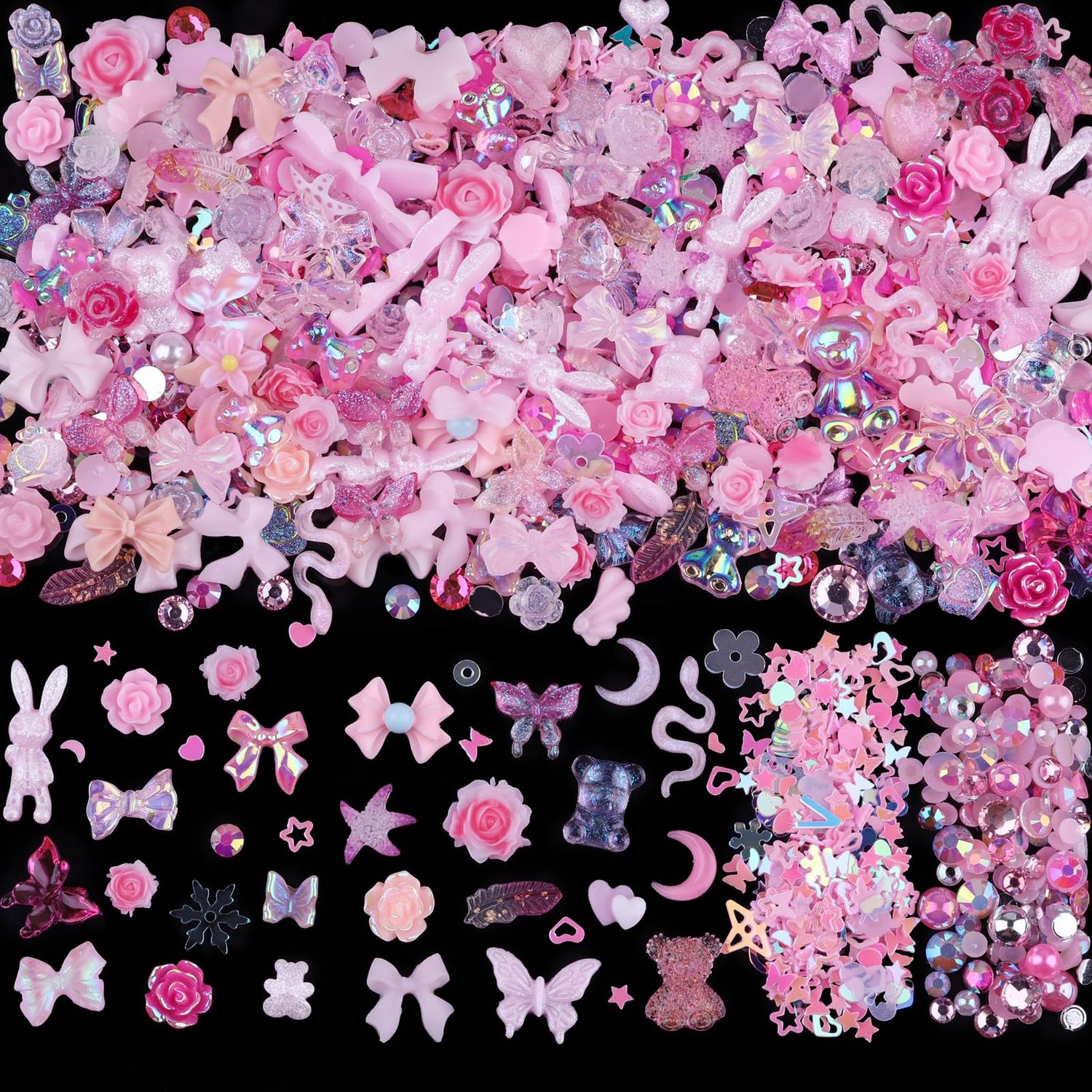 Sinyanail 300pcs Nail Art Charms Kit,Over 100pcs Mixshape Resin Nail Gems and 100 pcs Mixed Flatback Nail Rhinestones Pearls with Over 100pcs Nail Sequins for Nail Art Accessories (Pink)