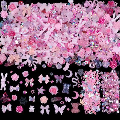Sinyanail 300pcs Nail Art Charms Kit,Over 100pcs Mixshape Resin Nail Gems and 100 pcs Mixed Flatback Nail Rhinestones Pearls with Over 100pcs Nail Sequins for Nail Art Accessories (Pink)