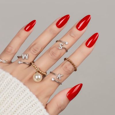 30Pcs Red Almond Christmas Press On Nails Reusable Fake Nails- Supremely Fit &amp; Natural Soft Gel Nails,15 Sizes, Reusable Fake Nails Kit with Gift Box for Women