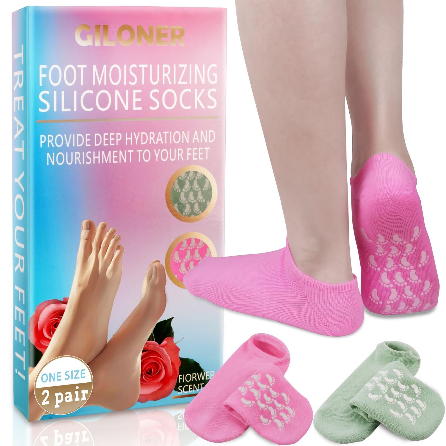 Giloner Foot Moisturizing Socks 2Pairs,One Size Silicone Socks for Women,Gel Socks for Foot Care,Silicone Socks for Repairing and Softening Dry Cracked Feet Women.