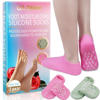 Giloner Foot Moisturizing Socks 2Pairs,One Size Silicone Socks for Women,Gel Socks for Foot Care,Silicone Socks for Repairing and Softening Dry Cracked Feet Women.