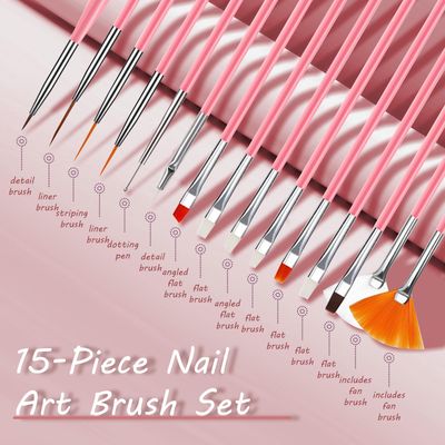 15 Pcs Nail Art Acrylic Brush Set Painting Pen Art Salon Brush Tools Nail Decoration Kit (Pink)