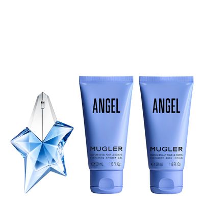 Mugler Angel - Womens Perfume Gift Set - Ambery &amp; Woody - With Bergamot, Praline, and Patchouli - Eau de Parfum, 0.8 Fl Oz, 1.6 Fl Oz Lotion, 1.6 Fl Oz Shower Gel