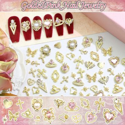 RODAKY 122PCS Gold Nail Charms - Pink Rhinestone Heart Charms, 3D Metal Butterfly Roses Cross Nail Gems for Manicure Design