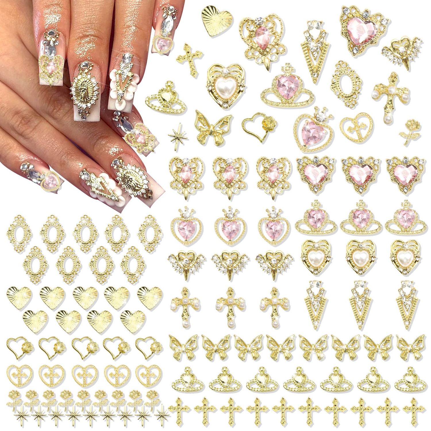RODAKY 122PCS Gold Nail Charms - Pink Rhinestone Heart Charms, 3D Metal Butterfly Roses Cross Nail Gems for Manicure Design