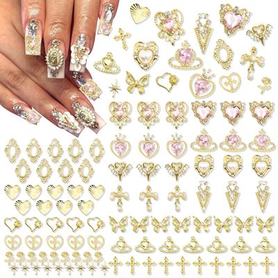 RODAKY 122PCS Gold Nail Charms - Pink Rhinestone Heart Charms, 3D Metal Butterfly Roses Cross Nail Gems for Manicure Design