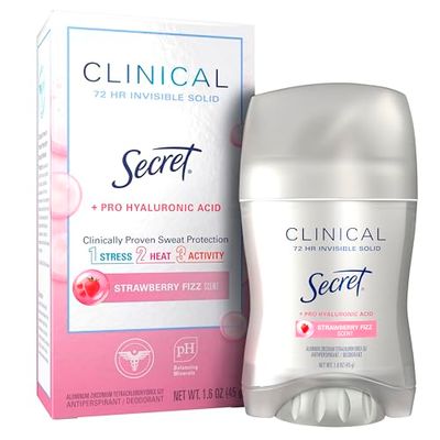 Secret Clinical Strength Antiperspirant Deodorant for Women, 3X Stress Protection, 72hr Sweat &amp; Odor Protection, Pro-Hyaluronic Acid, Invisible Solid, Strawberry Summer Fizz Scent, 1.6 oz