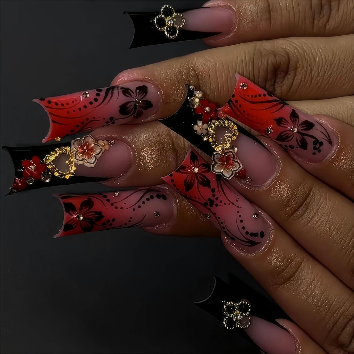 24Pcs Red French Tip Fake Nails Long Square Press on Nails pink Full Cover Glue on Nails with 3D Flower and Rhinestones Designs False Nails Gold Metallic Heart Acrylic Nails for Women