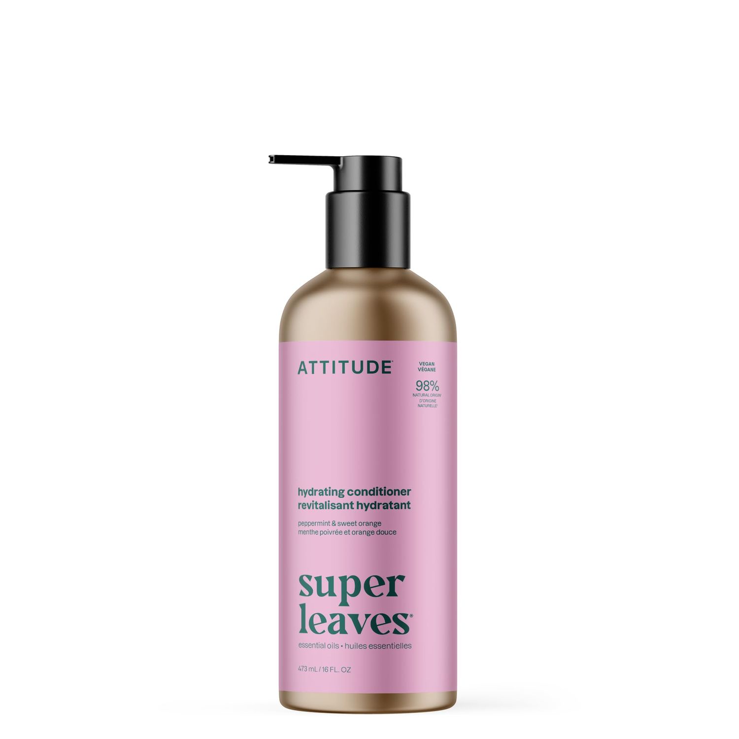 ATTITUDE Conditioner with Essential Oils, Plant and Mineral-Based Ingredients, Vegan Beauty Products, Aluminum Bottle, Hydrating, Peppermint &amp; Sweet Orange, 16 Fl Oz