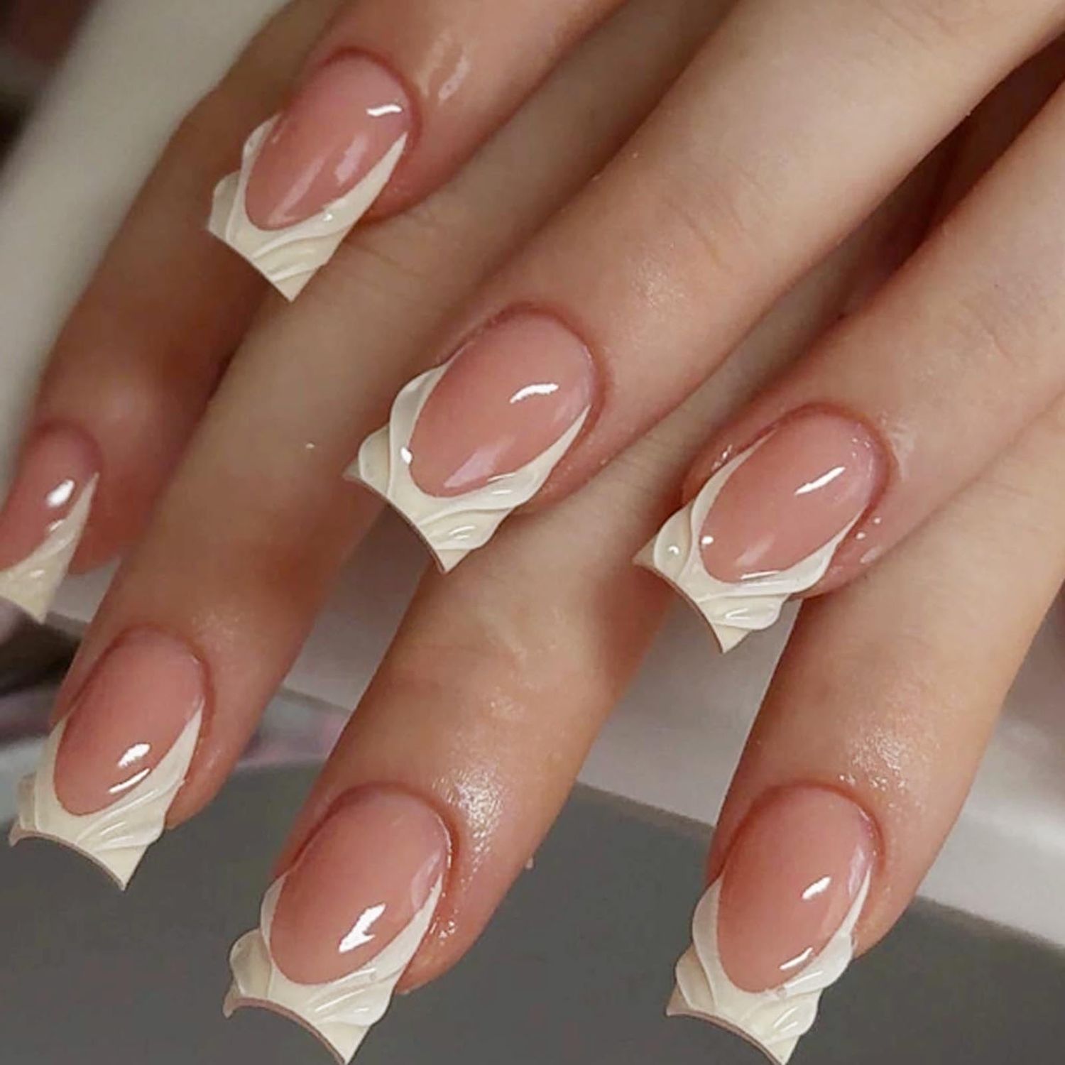 Hkanlre French Press on Nails Medium Square Fake Nails Tips Full Cover 3D False Nails for Women 24PCS