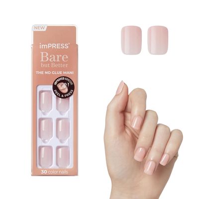 KISS imPRESS No Glue Mani Press-On Nails, Color, Instinct, Light Pink, Short Size, Squoval Shape, Includes 30 Nails, Prep Pad, Instructions Sheet, 1 Manicure Stick, 1 Mini File