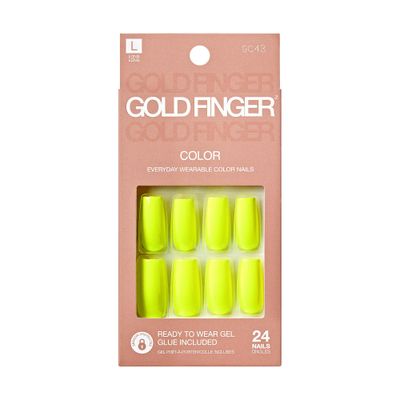 GoldFinger False Nails Kit, Ready to Wear Neon Yellow Fake Nails, Manicure Stick and Glue Included, Long Square Shape, Long-Lasting Hottest Trend Glue on Nails