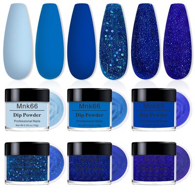 6 Colors Dip Powder Set, Royal Blue Glitter Dipping Powder Color Set, Glossy Nail Art Manicure DIY Salon Home Gift for Ladies,YYSDDPS-03-6pcs