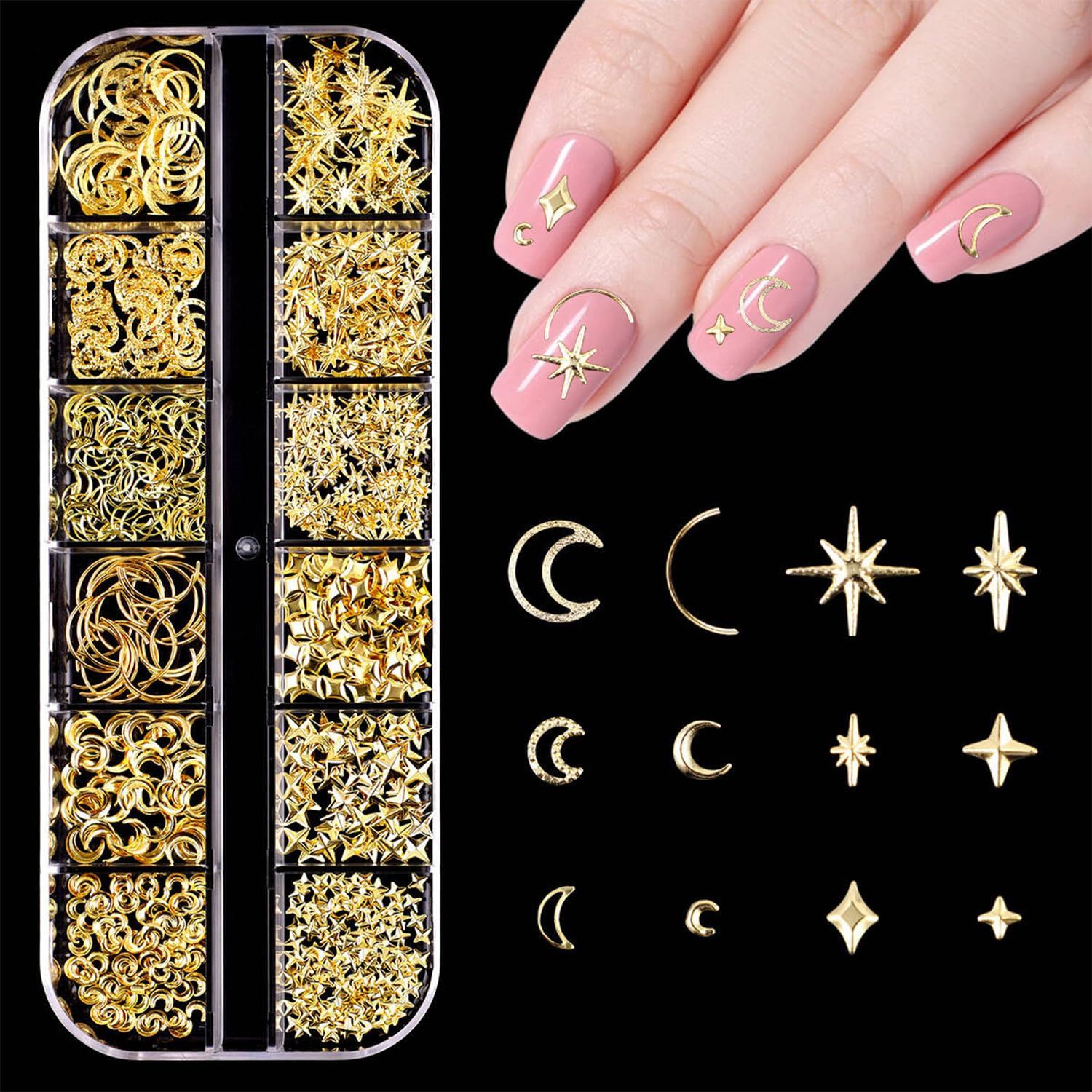 Star Nail Charms for Nails Art 3D Gold Star Moon Nail Charms Metal Mixed Star Moon Design Nail Decorations Shiny Star Nail Art Charms Nail Supplies for Women Acrylic Nails DIY Nail Art Decoration