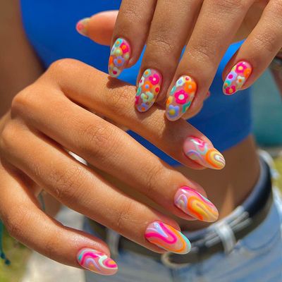 Medium Almond Press on Nails Pink Fake Nails French Tips False Nails with Rainbow Colorful Swirls Flower Pattern Designs Summer Acrylic Stick on Nails Artificial Glue on Nails for Women &amp; Girls 24 Pcs