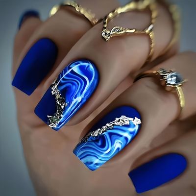 LOPMNGHT Blue Smudge False Nails Square Press on Nails Medium Length Silver Foil Stripe Design Glue on Nails Full Cover Artificial Nails Blue Fake Nails Acrylic Stick on Nails for Women 24Pcs