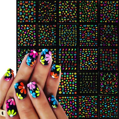 24Sheets Glow in Dark Flower Nail Art Sticker Decals 3D Fluorescence Colorful Floral Butterfly Design Nail Decals Bright-Coloured Daisy Nail Supplies Stars Heart Fruit Nail Decoration for Women DIY