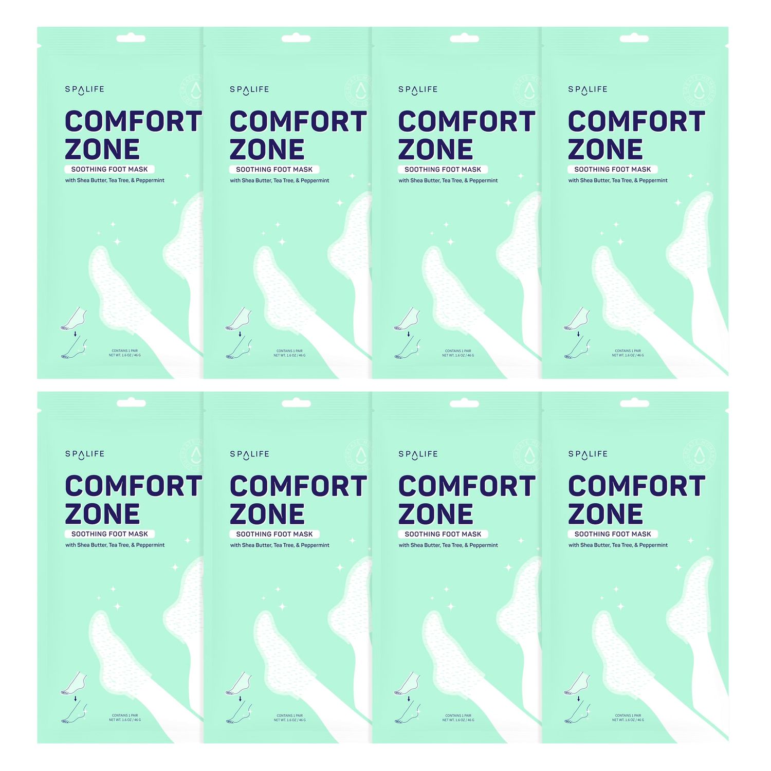 SpaLife Beauty Comfort Zone Soothing Foot Masks - Hydrating and Moisturizing Foot Socks - Hydrating Foot Mask - Soothes Rough, Cracked, Dry Feet with Tea Tree Oil - Shea Butter - Peppermint - 8 Pack