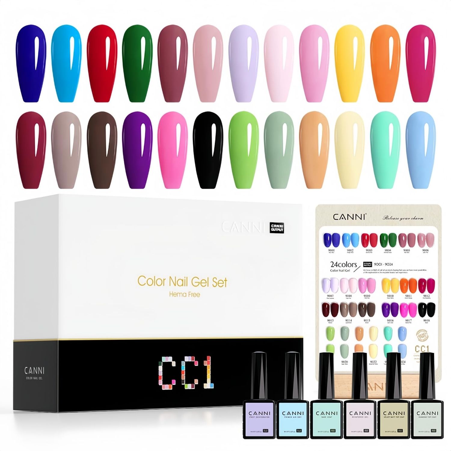 CANNI CC1 30Pcs 9ML Gel Nail Polish Set, Black Hot Pink Green Yellow Purple Blue Gel Polish Kit Soak Off LED UV Nail Art Starter Manicure Salon DIY at Home