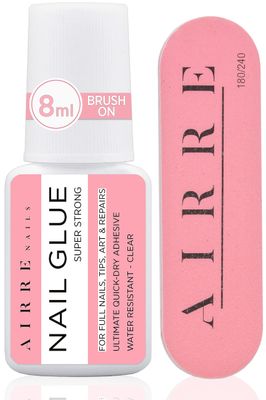 8ml AIRRE Extra Strong Nail Glue for Nail Tips, Press-On Nails &amp; Acrylic Nails Brush-On Nail Glue &amp; File for Glue-On Fake Nails, Fix Broken Nail Repair. Acrylic Nail Glue Nail Bond Nail Glue Gel