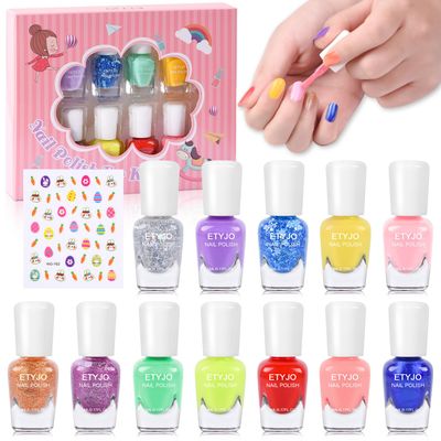 ETYJO 12 Rainbow Colors Peel-Off Kids Washable Quick Dry Girls Nail Polish Kit for Kids Teen Little GirlsToddler Ages 3-12