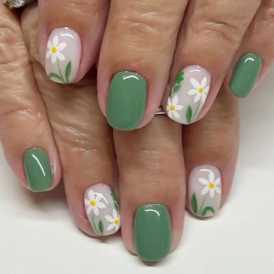 Tyuimhx White Flowers Press on Nails Short Square Fake Nails Light Green False Nails Glossy Full Cover Stick on Nails Acrylic Spring Summer Artificial Nails for Women Glue on Nails 24 Pcs