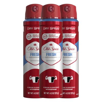 Old Spice Dry Spray Antiperspirant Deodorant for Men, High Endurance, 24/7 Sweat Defense &amp; Odor Protection, 24/7 Freshness &amp; Lasting Scent, Fresh Scent, 4.3 oz (Pack of 3)
