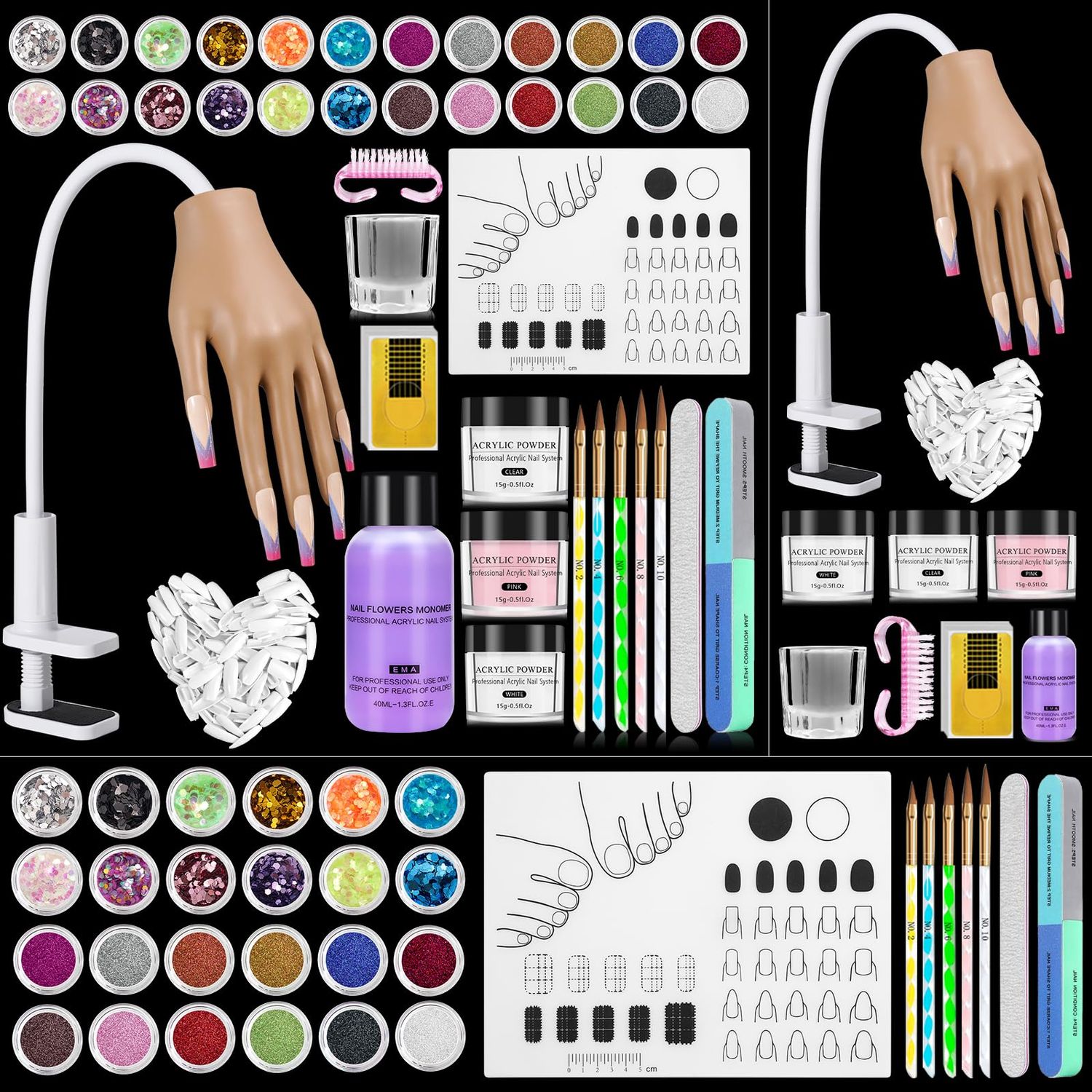 Practice Hand for Acrylic Nails Kit: Silicone Hand for Nail Practice with Acrylic Nail Kit for Beginners - Bendable Training Fake Hand Manicure Acrylic Powder Set for Salon Home