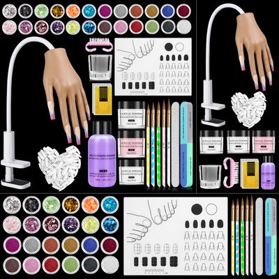 Practice Hand for Acrylic Nails Kit: Silicone Hand for Nail Practice with Acrylic Nail Kit for Beginners - Bendable Training Fake Hand Manicure Acrylic Powder Set for Salon Home