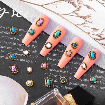 HINZIC 40Pcs Western Nail Charm 3D Vintage Daisy Turquoise Nail Art Rhinestones Blue White Pink Marble Gems Jewel Accessories for Acrylic Nails Women Girls Halloween Wedding Prom Decorations