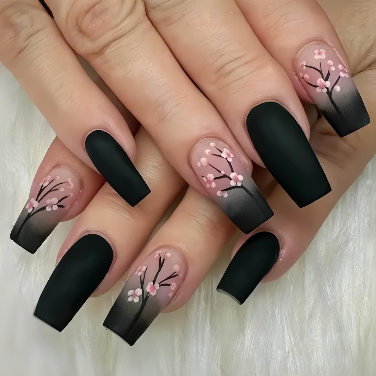 Spring Press on Nails Medium Fake Nails Pink Black Gradient Square Press on Nails Coffin Glossy False Nails with Pink Flowers Designs Full Cover Acrylic Nails Glue on Stick on Nails for Women 24PCS