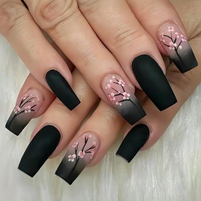 Spring Press on Nails Medium Fake Nails Pink Black Gradient Square Press on Nails Coffin Glossy False Nails with Pink Flowers Designs Full Cover Acrylic Nails Glue on Stick on Nails for Women 24PCS