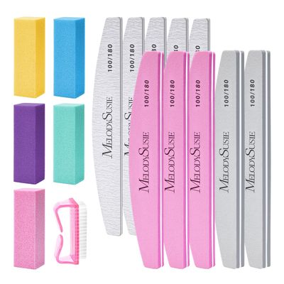MelodySusie 16Pcs Professional Nail Buffer Kit,Nail Files and Buffers,Nail Buffer Block,Nail Brush, Nail File Buffers Kit for Natural Nails,DIY,Home Use,Salon100/180 Grit