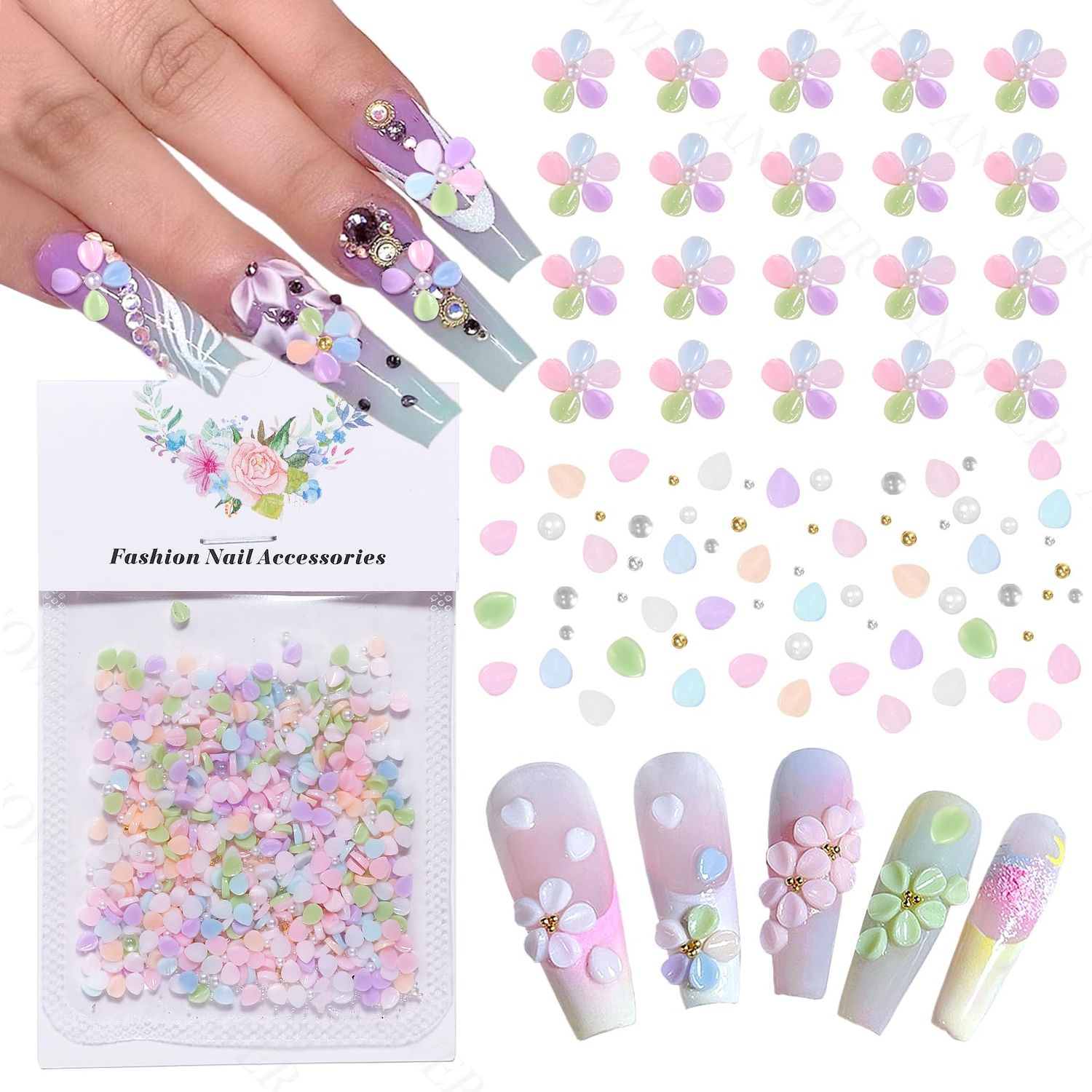 800 Pcs 3D Flower Nail Charms, Mixed Colored Blossom Beads Pearl Nail Gems and Rhinestones Floral Rhinestone Gems, Petal Acrylic 3D Flowers Nail Art Charms for Nails Art DIY Design