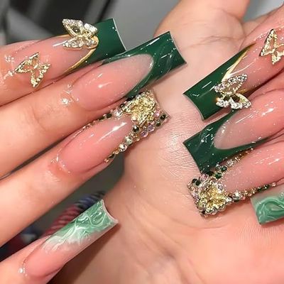 RUOKEXIN Long Square Press on Nails Green French Tip Fake Nails Gold Glitter False Nails with Gold 3D Butterfly Designs Long Square Glue on Nails Sparkly Artificial Nails Cute Stick on Nails for Women