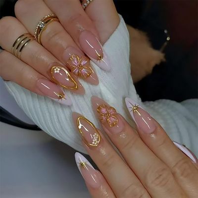 Flower Press on Nails Medium Almond Fake Nails Pink False Nails with Designs Floral Gold Acrylic Glossy Full Cover Glue on Nails Press ons Cute Artificial Stick on Nails for Women Manicure 24 Pcs