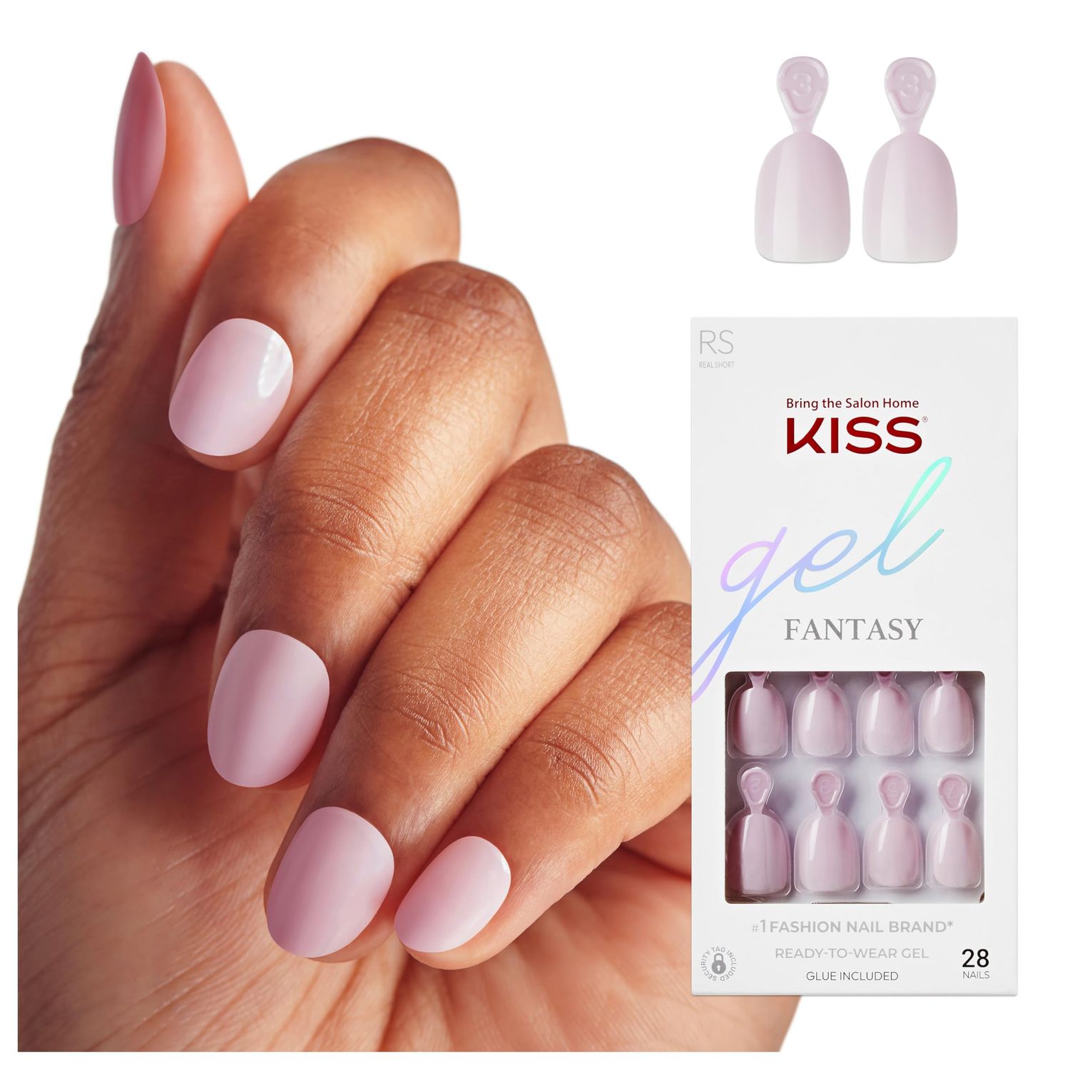 KISS Gel Fantasy Color Press On Nails, Stay Beautiful, Solid Pink, Real Short Oval, Ultra-Smooth Finish, 28 Fake Nails, Pink Gel Nail Glue (2g), Mini Nail File, &amp; Manicure Stick