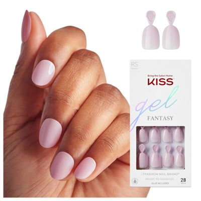 KISS Gel Fantasy Color Press On Nails, Stay Beautiful, Solid Pink, Real Short Oval, Ultra-Smooth Finish, 28 Fake Nails, Pink Gel Nail Glue (2g), Mini Nail File, &amp; Manicure Stick