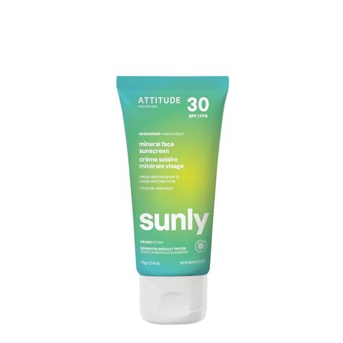 ATTITUDE Mineral Face Sunscreen with Zinc Oxide, SPF 30, EWG Verified, Broad Spectrum UVA/UVB Protection, Dermatologically Tested, Vegan, Unscented, 2.6 Ounces