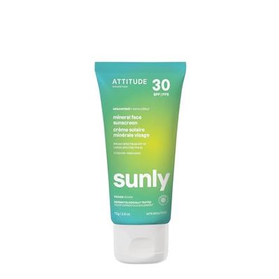 ATTITUDE Mineral Face Sunscreen with Zinc Oxide, SPF 30, EWG Verified, Broad Spectrum UVA/UVB Protection, Dermatologically Tested, Vegan, Unscented, 2.6 Ounces
