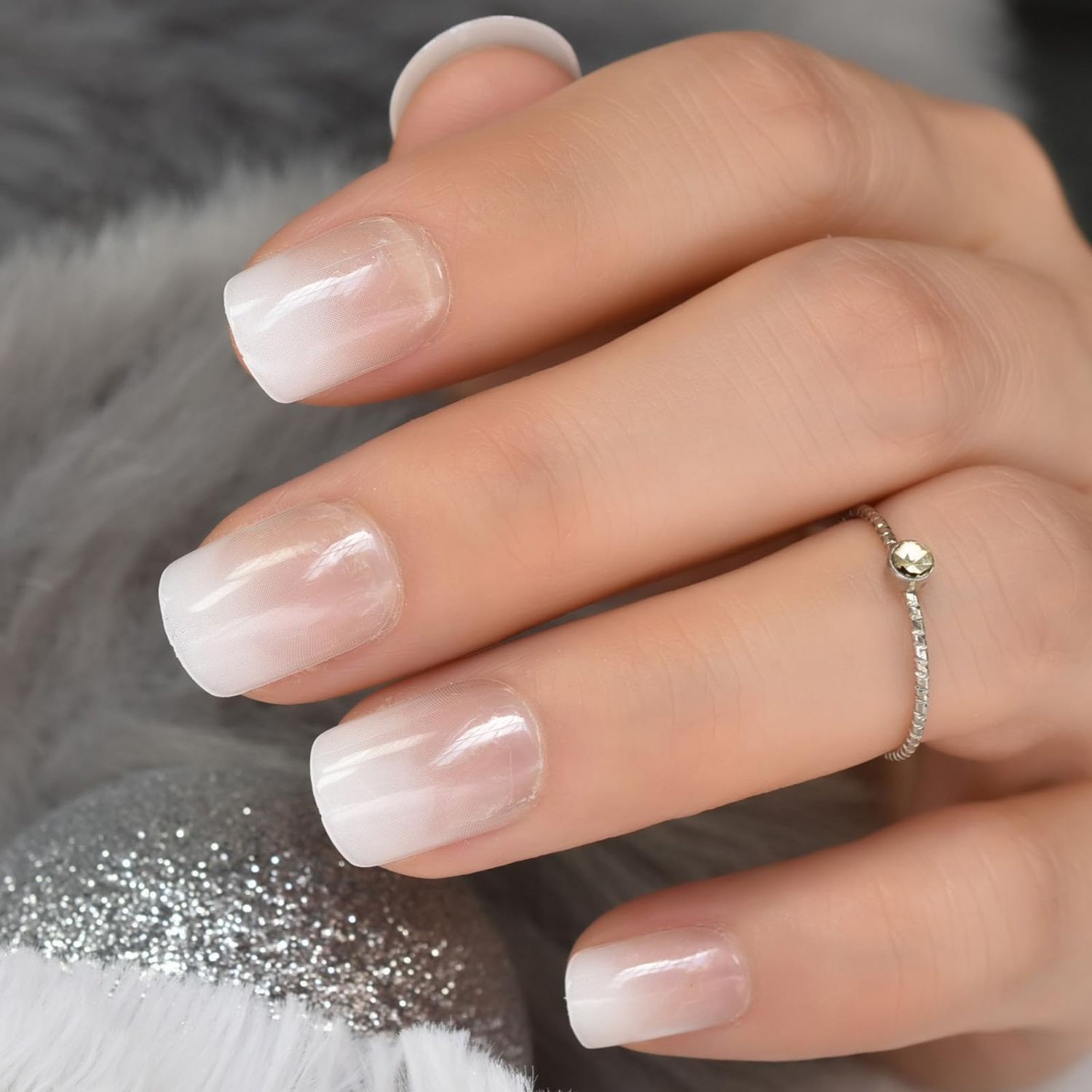 Ombre French Press On Nails Short - IKISKT Fashion Acrylic False Nails, Glue On Nails with Glue Sticker,Fit Perfectly &amp; Natural Stick On Nails - 24PCS Soft UV Gel Fake Nails Kit, Gradient White