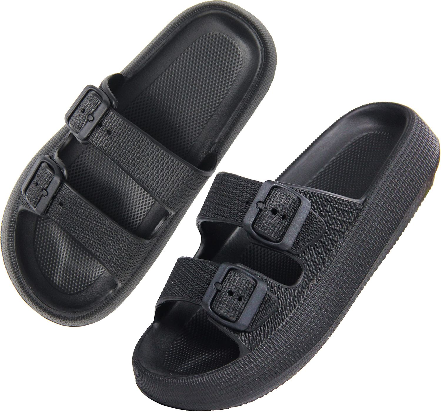 BenSorts Pillow Slippers for Women and Men Cute Rubber Sandal Adjustable Buckles Soft Slides Shower Spa Bath House Slippers Indoor Outdoor Black Men Size 8.5 9 9.5 Women Size 9.5 10 10.5