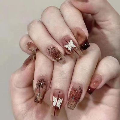 Hkanlre Dark Red Press on Nails French Coffin Fake Nails Tips Full Cover Butterfly Medium False Nails for Women and Girls 24PCS