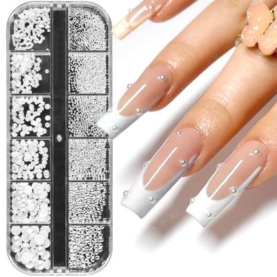 Dornail 1 Box/12 Grids Nail Art White Pearls for Nails Half Round Pearl Beads Nail Charms,Small Stainless Steel Beads Caviar Beads White Flatback Pearls for Women Nail Decoration DIY Nail Art Crafts